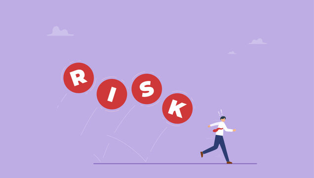 Businessman investor run away from risk collapsing ball. Risk averse, avoid or minimize risk, run away from uncertainty, fear or safety decision for investment, security or stability concept.