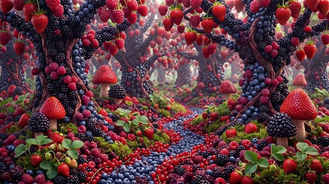 Surreal fantasy landscape with a forest made of mixed berries