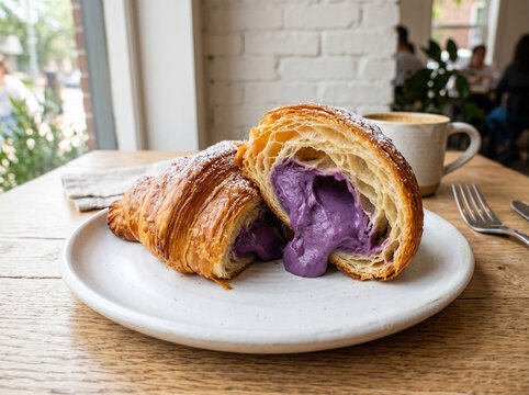 Flaky butter croissant filled with rich purple ube cream, cut open to reveal creamy filling