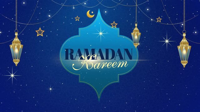 Elegant Ramadan Kareem greeting card design, Happy Ramadan typography with 3D gold lanterns and glowing stars