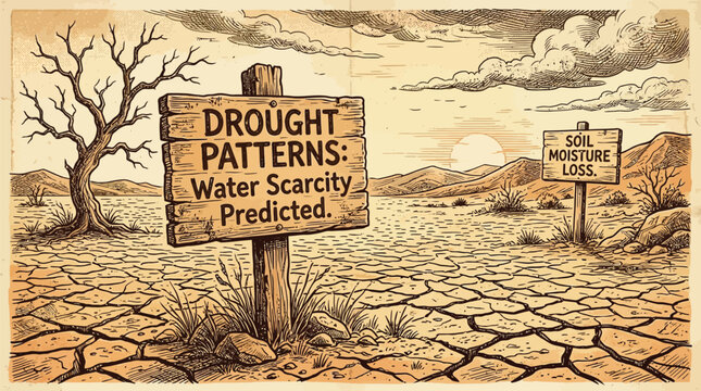 Arid landscape with cracked soil and wooden sign predicting water scarcity drought patterns