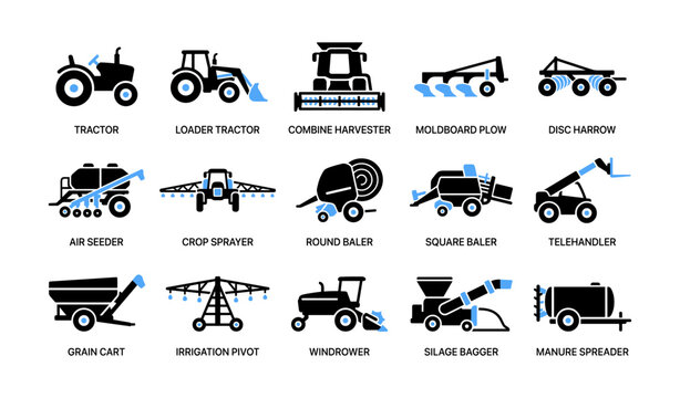 Agricultural machinery icons arranged in grid on white background