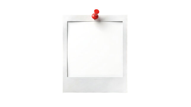 Clean white polaroid photo frame pinned by a red thumbtack, empty white space for your text or image, isolated on transparent checkered background.
