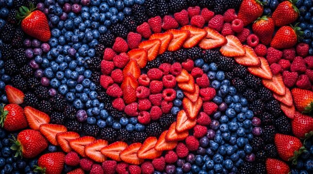 Vibrant Spiral Arrangement of Fresh Mixed Berries Top View