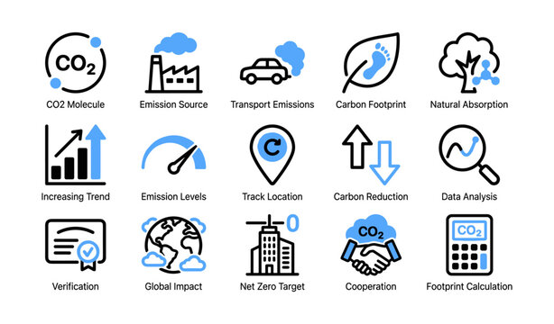 Carbon emissions and footprint icons grid on white background