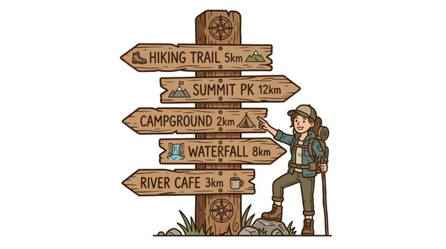 Hiker Woman Points to Wooden Signpost with Hiking Trail Directions