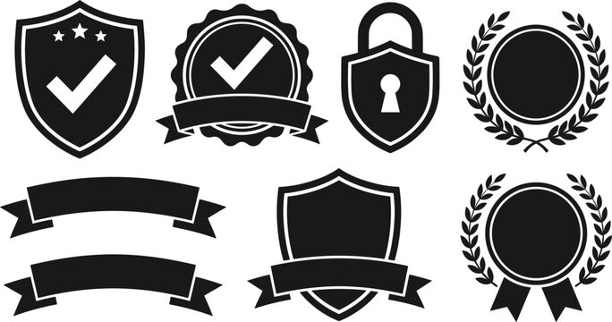 Trust badge shield ribbon vector icon set premium quality assurance data security certificate stamp black silhouette blank template