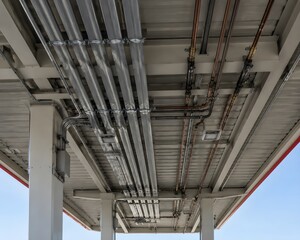 Naklejka premium Gas station infrastructure detail with thick electrical conduits and fuel lines along underside, industrial