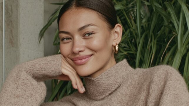 A close up portrait of a young woman with a warm, natural expression, leaning her head on her hand, wearing a beige turtleneck sweater and a gold hoop earring.