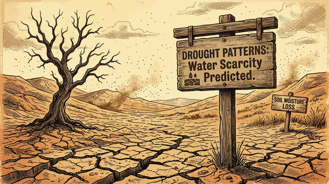Illustration of parched desert terrain showing soil moisture loss and water scarcity risks
