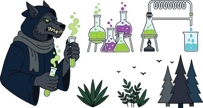 Angry werewolf alchemist wizard holding smoking chemical test tubes with laboratory glassware equipment and dark forest elements vector illustration