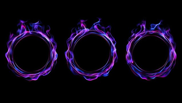 Three ring frames surrounded by ethereal, glowing, purple, pink and blue abstract flames