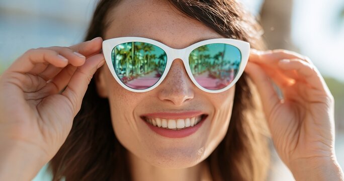 Smiling woman wearing reflective sunglasses