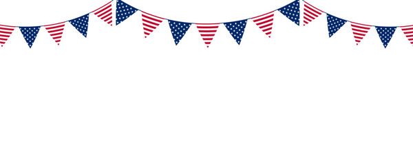USA bunting banner with patriotic American flag garlands isolated on transparent background. Copy space. PNG. Vector © Natali2510