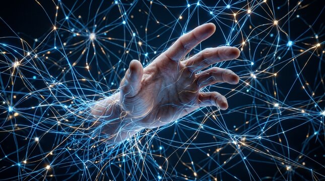 Man's hand reaching through a glowing blue abstract background with snowflakes, stars, and electric energy