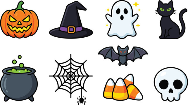 Halloween spooky character vector icon set jack o lantern pumpkin witch hat ghost black cat cauldron spider web bat candy corn skull