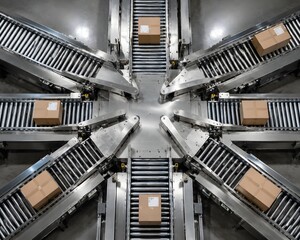 Fototapeta premium Overhead Conveyor Line Intersection Diverts Parcels With Precise Stainless Steel Guide Arms Automated Logistics System