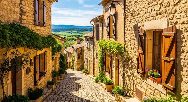 Charming narrow street with stone buildings and cobblestone path in a traditional village setting