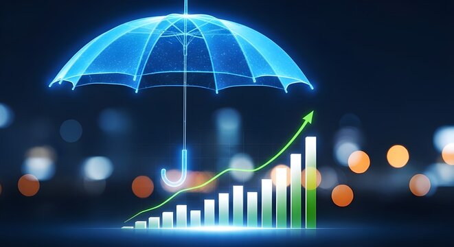 Glowing digital umbrella protects a rising financial bar chart representing economic growth and security in this modern professional business photograph