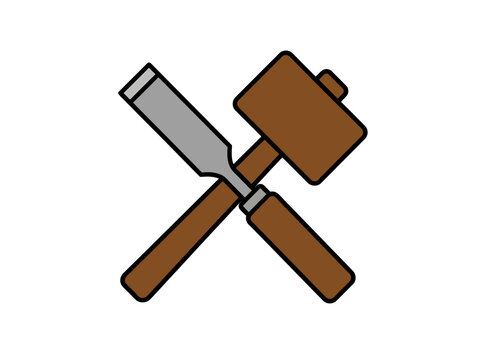 Flat vector icon of wood carving chisel and mallet crossed together, artisan woodworking tool symbol