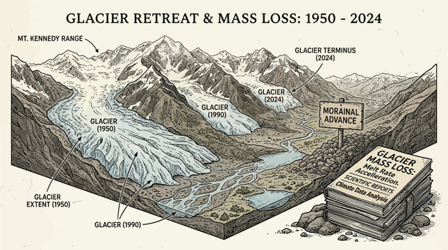 Glacier retreat and mass loss in Mt Kennedy Range from 1950 to 2024