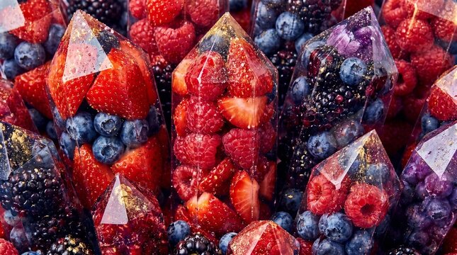 Mixed berries encased in crystal resin shapes with gold flakes