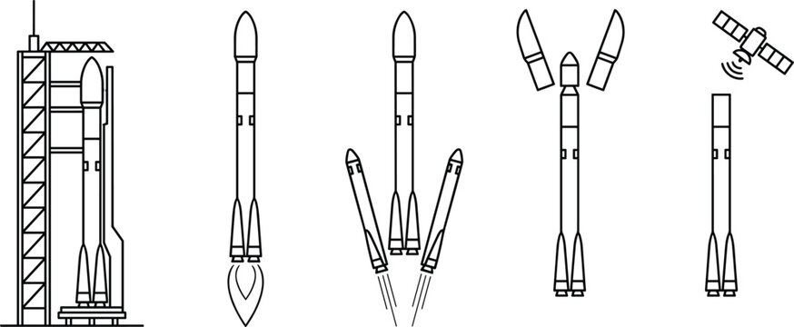 Space rocket launch stages line icon set from launchpad pad takeoff booster separation payload fairing deployment to satellite orbit vector illustration