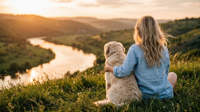 Golden Retriever and Girl Enjoying a Sunset Over the River
