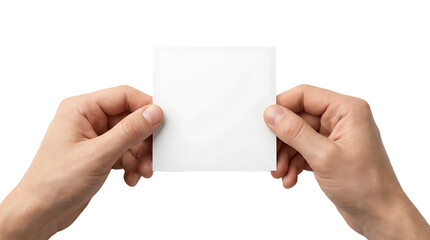 Fototapeta premium Two hands holding small white square card for invitation or announcement on transparent background.