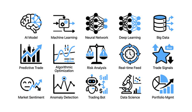 Ai and trading icons arranged in grid on white background