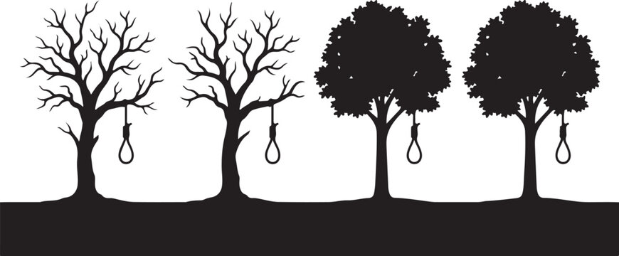 Four trees with nooses hanging from branches, two bare and two full of leaves