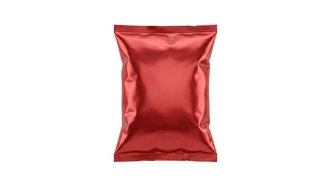 Blank red foil snack bag mockup isolated on transparent background, realistic studio shot of empty packaging for chips or cookies, modern food wrapper.