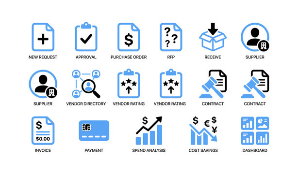 Procurement and vendor icons showing purchase and payment processes