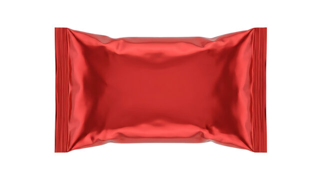 Blank red foil snack bag mockup isolated on transparent background, realistic studio shot of empty packaging for chips or cookies, modern food wrapper.
