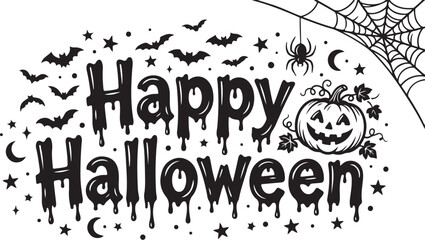 Happy halloween dripping text with bats, pumpkin, spider web, and stars © Rana
