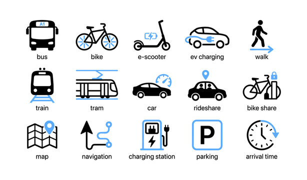 Transportation icons showing multimodal travel options and routes