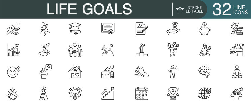 Life goal and personal achievement line icon vector set representing success, career growth, education, health, finance, and future planning.