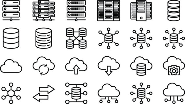 Data center server rack and cloud database hosting line icon set featuring network connection infrastructure technology storage vector illustration