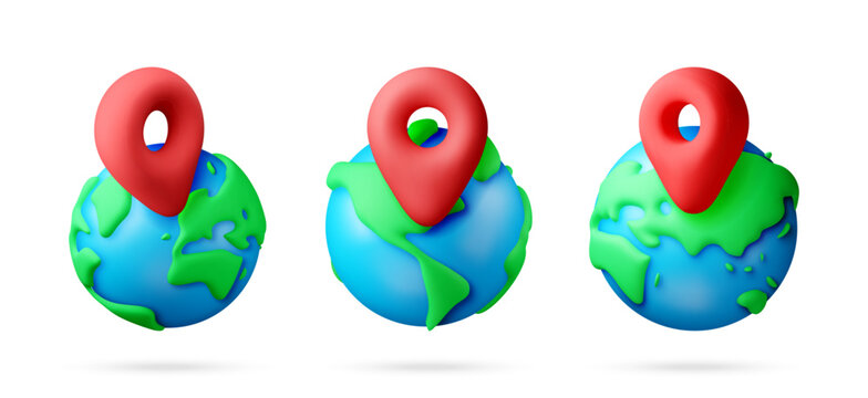 Set of 3d map pointer icons on earth globe. Navigation pin on planet sphere model. World travel concept, global location recognition, international logistics tracking design. Vector illustration