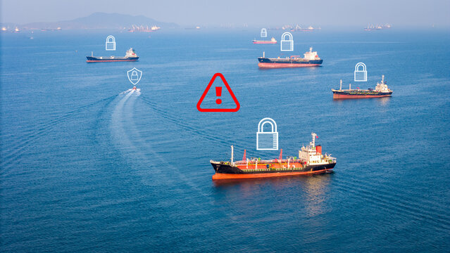 crisis energy security patrol boat oil tanker ships navigating a strategic waterway with digital padlock, shield, and warning sign overlays, maritime blockade Strait of Hormuz war energy