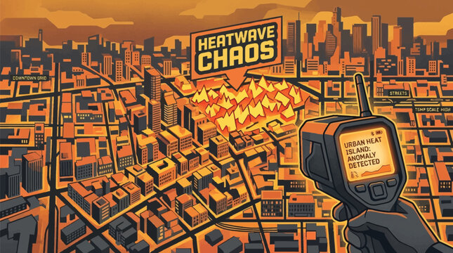 Urban heatwave chaos city landscape, heat island anomaly detected with thermal scanner