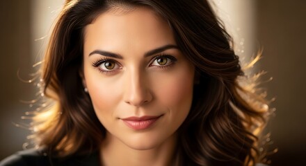 Naklejka premium Confident woman portrait with warm lighting and brown wavy hair