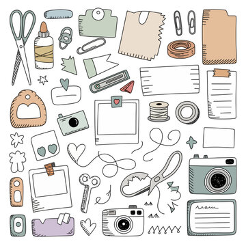 Crafty Collage Elements: A delightful assortment of hand-drawn crafting supplies, including scissors, glue, cameras, tape, and decorative paper, perfect for scrapbooking and DIY projects.