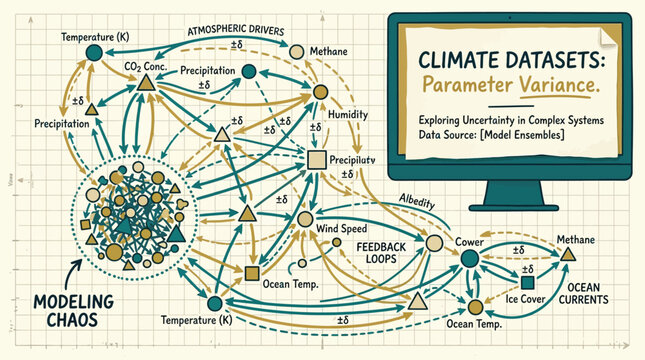 Climate datasets showing parameter variance and feedback loops in complex weather models