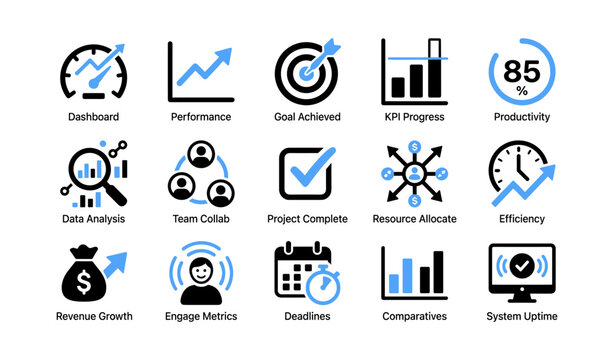 Performance icons showing metrics and productivity on white background