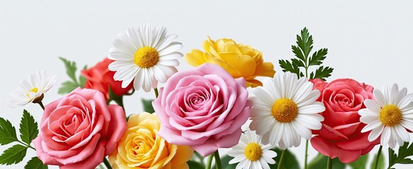 Obraz premium A lively floral arrangement of pastel roses and daisies set against a clean white background for Mother's Day.