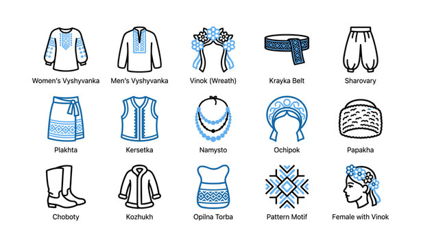 Traditional ukrainian clothing icons showing garments and accessories