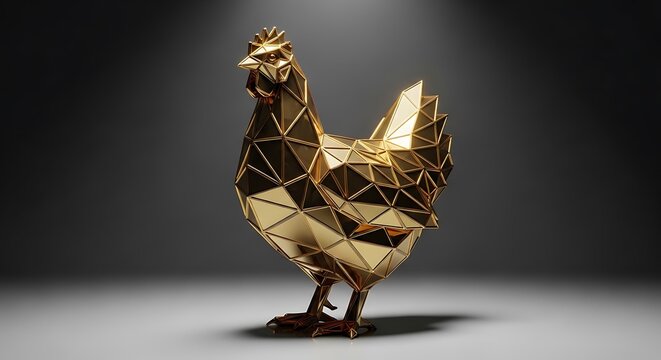 Golden polyhedron chicken sculpture metallic geometric art low poly 3 d render