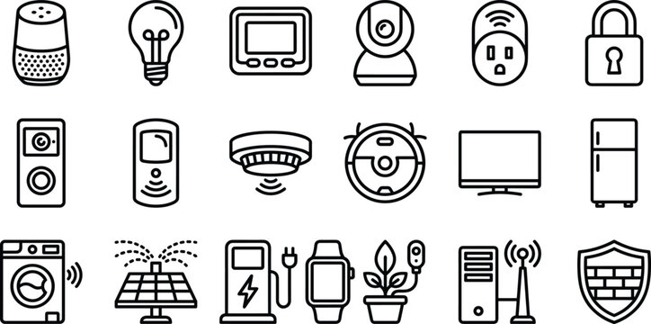 Smart home automation and IoT device line icon set featuring intelligent household appliances security systems and green energy symbols vector illustration
