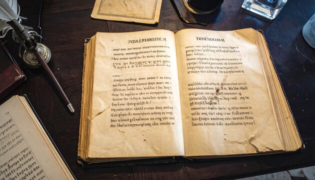 Overhead View of an Open Ancient Greek Codex with Faded Script on Aged Parchment Pages